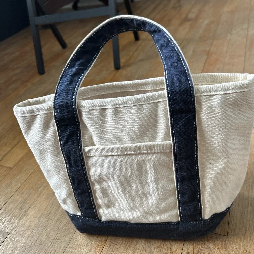 GH Bass Canvas Tote Bag Navy Blue Cream Zipper Top Boat Bag Small Med Mens Wmns